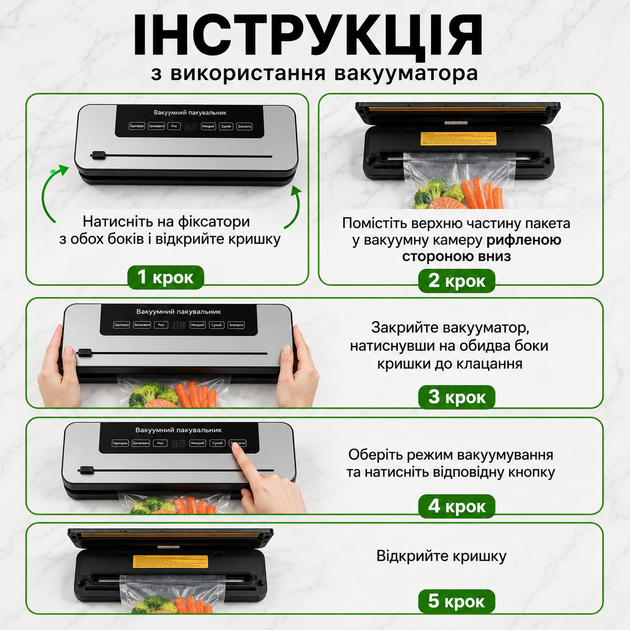 Вакууматор для сухих и влажных продуктов, вакуумный упаковщик со встроенным ножом + 10 пакетов - изображение 5