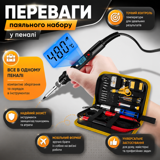 Набор для пайки «18 в 1», профессиональный паяльник мощностью 80 Вт с регулятором температуры 180–480 °C, комплект для ремонта электроники, печатных плат, микросхем, проводов, кабелей, разъемов, бытовой техники, инструменты в компактном пенале - изображение 2