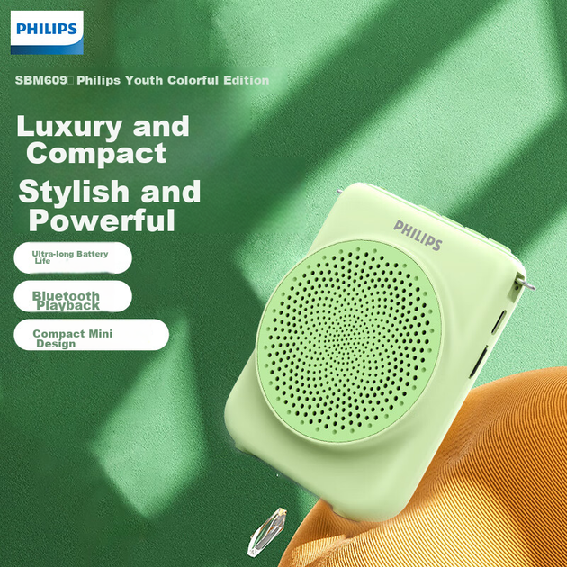 PHILIPS SBM609, портативный усилитель для учителей, Bluetooth-колонка с поясным микрофоном, громкоговоритель для экскурсий и публичных выступлений, учебное пособие, зеленый цвет. - Фото 4 PHILIPS SBM609, портативный усилитель для учителей, Bluetooth-колонка с поясным микрофоном, громкоговоритель для экскурсий и публичных выступлений, учебное пособие, зеленый цвет. - изображение 4