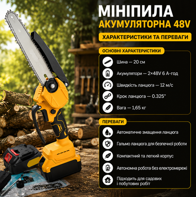 Аккумуляторная минипила 48V 6 Ah с шиной 20 см, двумя аккумуляторами, автоматической смазкой цепи и тормозом цепи - изображение 2