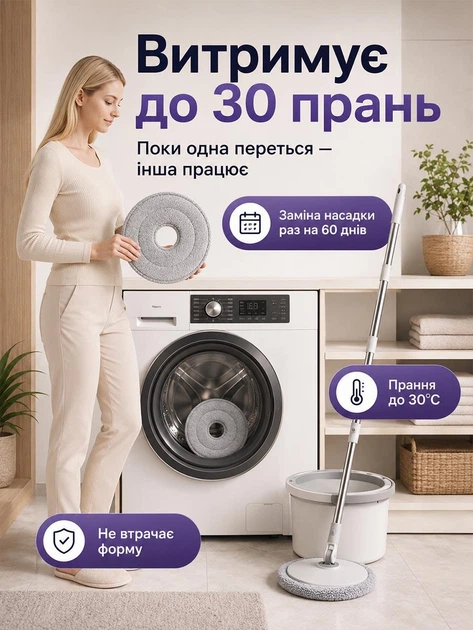 Насадка на швабру круглая моп на липучке из микрофибры UnA набор запасных насадок 4 шт 24.5х24.5 см сменная губка для швабры с отжимом серый (317.0041) - изображение 8