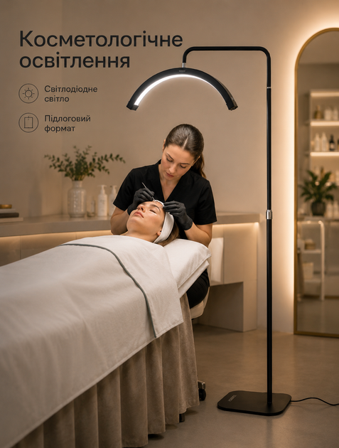 Напольная светодиодная лампа для маникюра и косметологии с полумесяцевым безтеневым плафоном на штативе с колесами 36 Вт 3200–5600 К CRI >90 высота 140–180 см - Фото 4 Напольная светодиодная лампа для маникюра и косметологии с полумесяцевым безтеневым плафоном на штативе с колесами 36 Вт 3200–5600 К CRI >90 высота 140–180 см - изображение 4