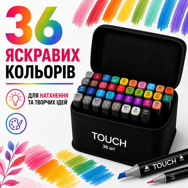 Маркеры спиртовые с двойным наконечником для рисования 36 штук Маркеры двусторонние набор / Набор маркеров для рисования Touch - изображение 8