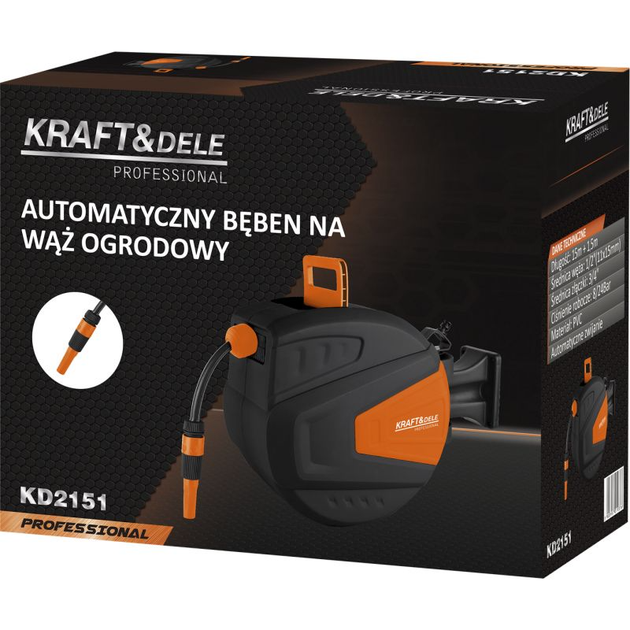 Настінна котушка для шланга Kraft&Dele KD2151 15 м + 1,5 м з автоматичним змотуванням для поливу саду городу квітів дерев миття авто із поворотним кріпленням направляючою морозостійка зносостійкий 3/4" поливний гнучкий рукав на стіну - зображення 7