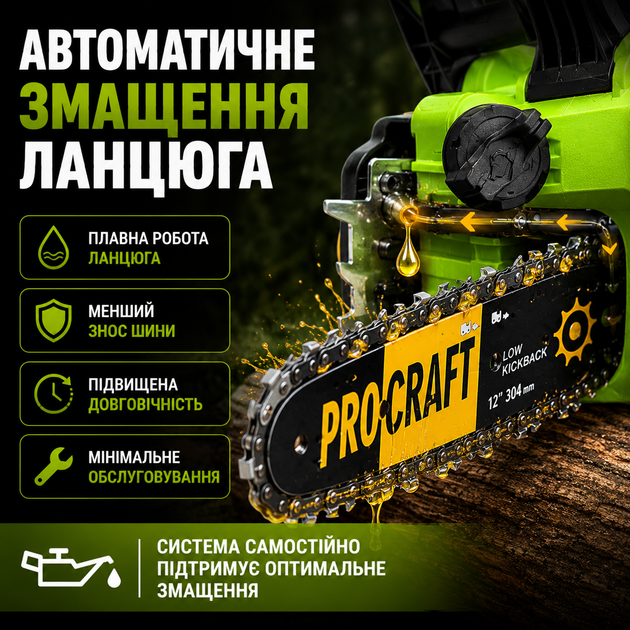 Аккумуляторная цепная пила Procraft 20В(без АКБ и ЗУ) 12" шина 30см Садовая акб пила с автоматической смазкой цепи для сада электропила на аккумуляторе для заготовки дров обрезки веток - Фото 4 Аккумуляторная цепная пила Procraft 20В(без АКБ и ЗУ) 12" шина 30см Садовая акб пила с автоматической смазкой цепи для сада электропила на аккумуляторе для заготовки дров обрезки веток - изображение 4