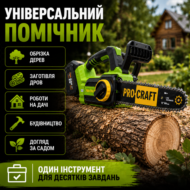 Аккумуляторная цепная пила Procraft 20В(без АКБ и ЗУ) 12" шина 30см Садовая акб пила с автоматической смазкой цепи для сада электропила на аккумуляторе для заготовки дров обрезки веток - Фото 6 Аккумуляторная цепная пила Procraft 20В(без АКБ и ЗУ) 12" шина 30см Садовая акб пила с автоматической смазкой цепи для сада электропила на аккумуляторе для заготовки дров обрезки веток - изображение 6