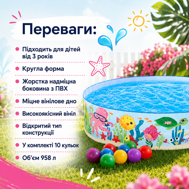 Детский каркасный бассейн Intex 56452-1 «Океан» круглый 183×38 см 958 л с жёсткими бортами морским принтом шариками 10 шт для детей дачи сада двора - изображение 5