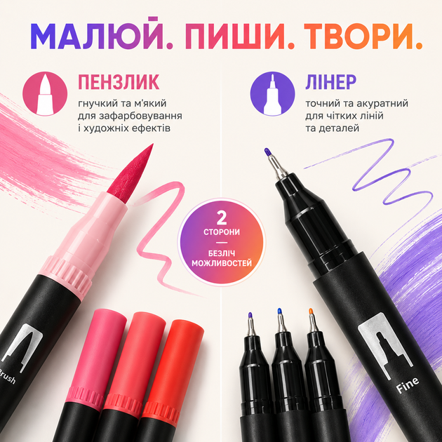 Маркери двосторонні 60 кольорів для малювання, скетчингу та каліграфії, набір кольорових маркерів Brush Pens, пензлик + лінер, художні фломастери для дітей і дорослих у кейсі - зображення 2