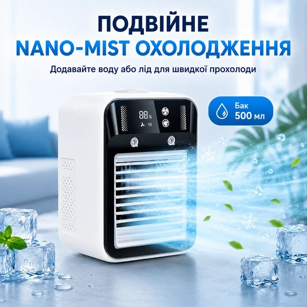 Портативный кондиционер мини охладитель воздуха nano-mist Ultra 2 в 1 3000 мАч Type-C - изображение 4