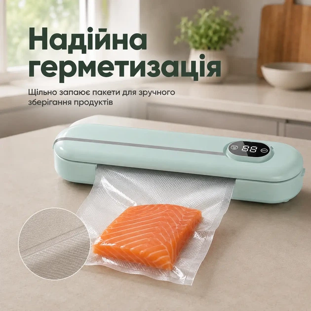 Вакууматор для продуктов Vacuum Sealer автоматический вакуумный упаковщик запайщик пакетов зеленый - изображение 2