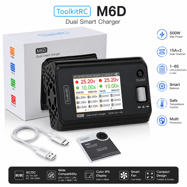 Зарядное устройство ToolkitRC M6D для аккумуляторов двухканальное ToolkitRC M6D 500Вт 15А 1-6S - изображение 2