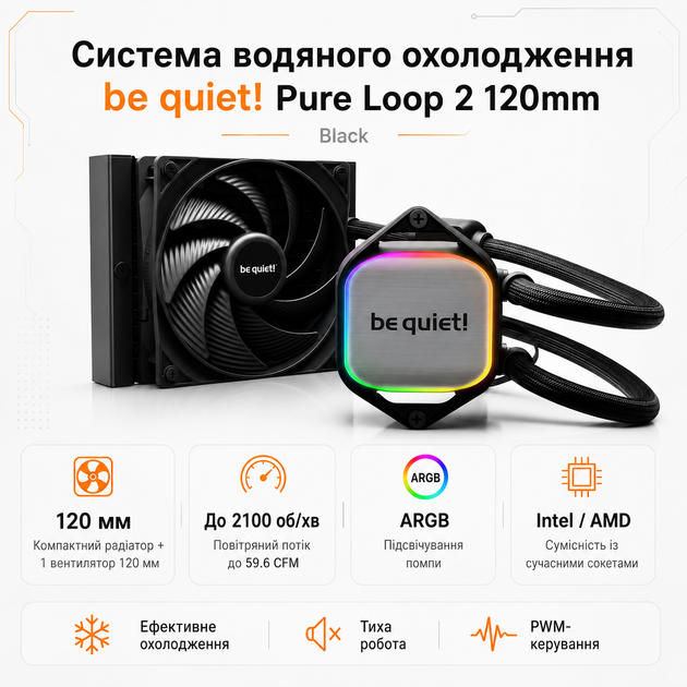 Система водяного охлаждения be quiet! Pure Loop 2 120mm ARGB PWM, 2100 об/мин, 120 мм, черная (BW016) - изображение 2