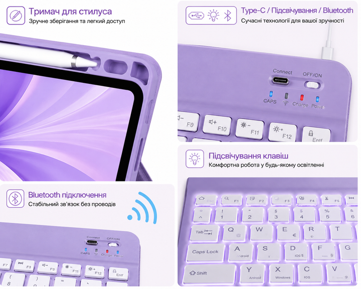 Чохол-клавіатура drivego KB-110 для iPad A16 11 2025 / iPad 10 10.9 2022 лавандовий QWERTZ з підсвічуванням - зображення 5