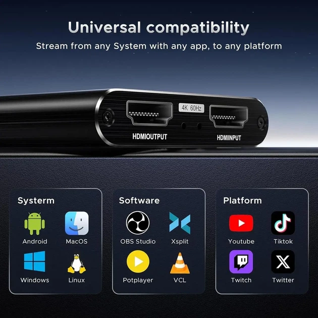 Зовнішня карта відеозахоплення XIXMASK HDMI–USB/USB-C Full HD 1080p 60 FPS для стримінгу - зображення 8