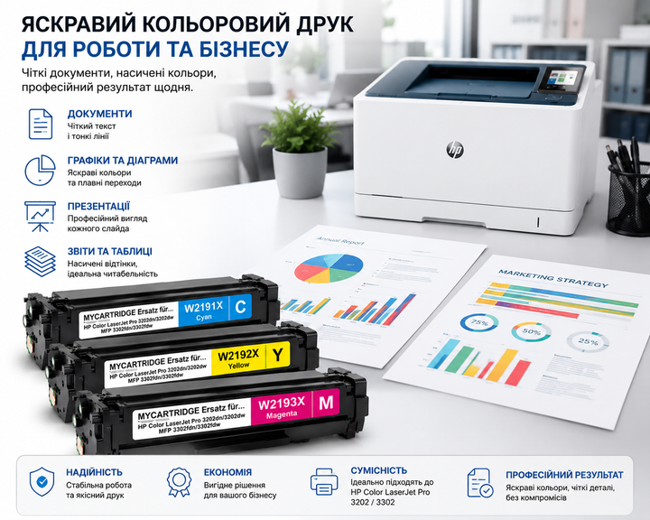 Картриджі лазерні 219X W2191X/W2192X/W2193X CMY комплект 3 шт без чипів для HP Color LaserJet Pro 3202/3302 - изображение 5