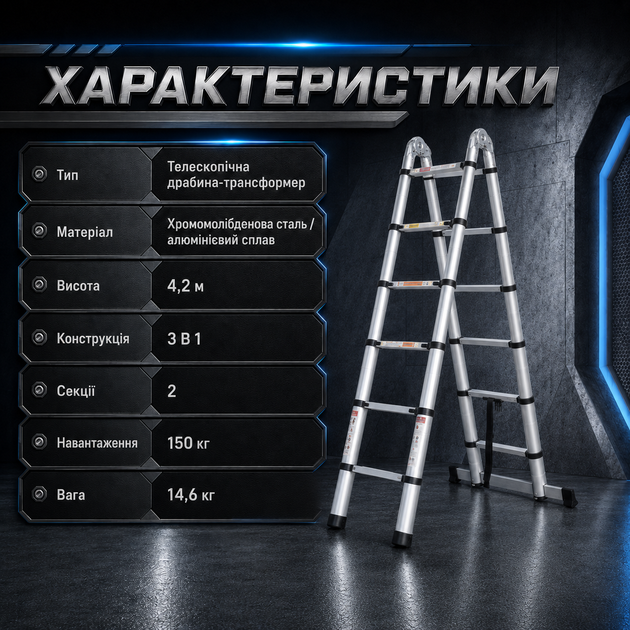 Телескопическая лестница-трансформер 4,2 м (2,1+2,1 м) 3-в-1, грузоподъемностью до 150 кг, со стальным и алюминиевым каркасом для ремонта, строительства и монтажных работ - изображение 5