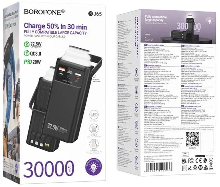 Внешний аккумулятор BOROFONE BJ65 High 22.5W+PD20W+four-cables power bank(30000mAh) Black - Фото 5 Внешний аккумулятор BOROFONE BJ65 High 22.5W+PD20W+four-cables power bank(30000mAh) Black - изображение 5