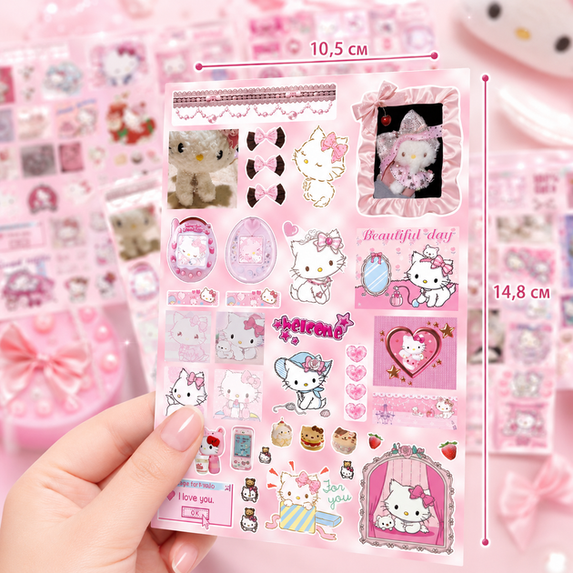 Стикеры Hello Kitty 200 шт, 8 листов А5 10,5х14,8 см - изображение 3