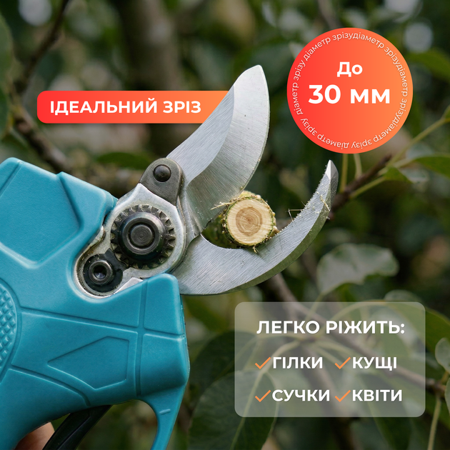 Секатор акумуляторний садовий — акумуляторний секатор електричний кущоріз на акумуляторі, купити секатор садовий акумуляторний, акумуляторні садові ножиці, ножиці садові акумуляторні, портативний гілкоріз електросекатор для обрізки дерев виноград - зображення 6