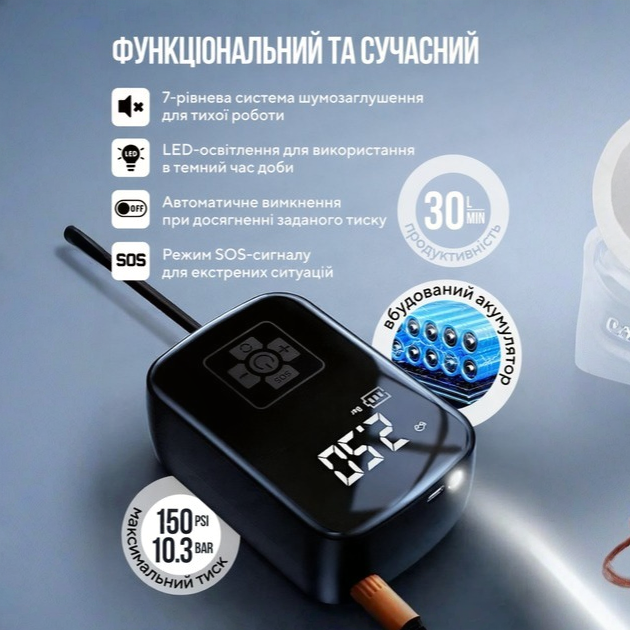 Компрессор автомобильный для шин и колес аккумуляторный портативный 10 бар 150 PSI с цифровым дисплеем - изображение 9