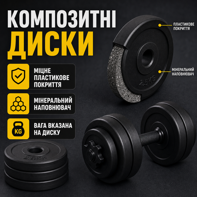 Штанги Металеві для жиму Набір гантелей нові для фітнесу 52 кг Спортивні Гантелі розбірні композитні Штанга професійні - зображення 4