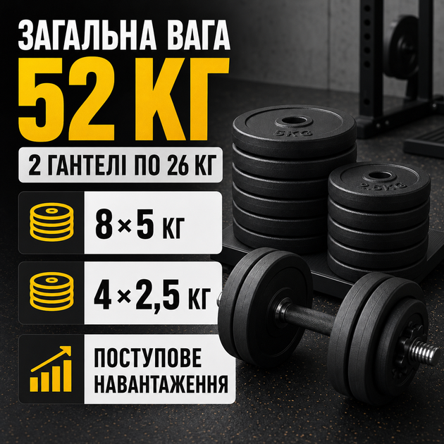 Штанги Металеві для жиму Набір гантелей нові для фітнесу 52 кг Спортивні Гантелі розбірні композитні Штанга професійні - зображення 3