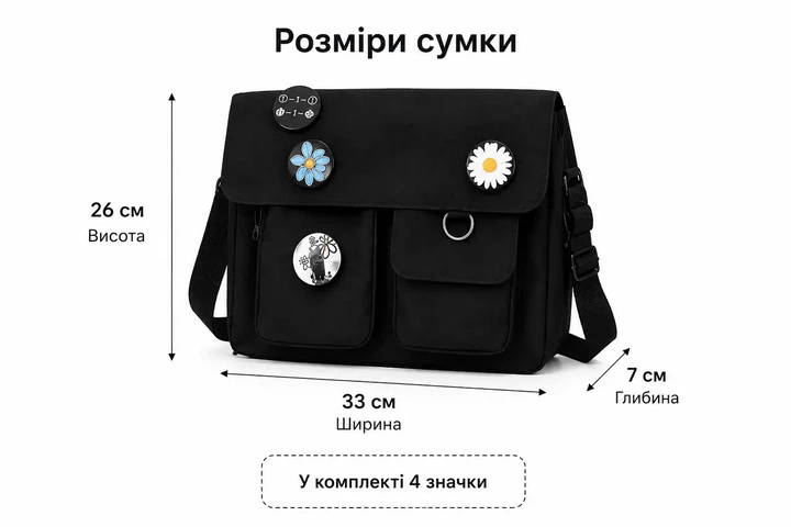 Сумка через плече жіноча чорна з регульованим ременем, 4 значки в комплекті, містка сумка месенджер для навчання - Фото 7 Сумка через плече жіноча чорна з регульованим ременем, 4 значки в комплекті, містка сумка месенджер для навчання - зображення 7