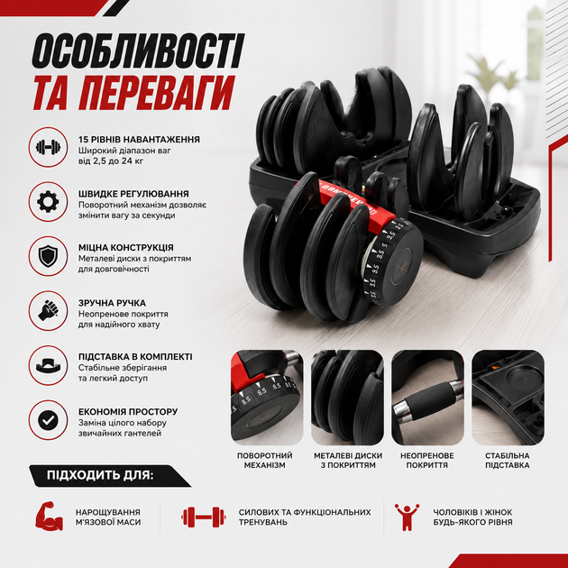 Гантель регулируемая 24 кг наборная с подставкой, умная спортивная разборная гантель для для фитнеса и силовых домашних тренировок - Фото 2 Гантель регулируемая 24 кг наборная с подставкой, умная спортивная разборная гантель для для фитнеса и силовых домашних тренировок - изображение 2