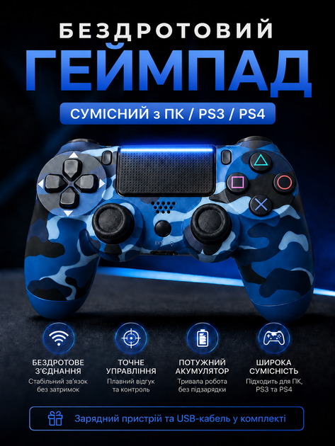 Джойстик игровой универсальный для sony playstation ps3 ps4 PC ios android tv windows беспроводной Doubleshock bluetooth геймпад сони плейстейшен пс3 пс4 пк компьютера андроид тв с двойной вибрацией сенсором аудио динамиком +зарядный кабель синий камуфляж - Фото 1 Джойстик игровой универсальный для sony playstation ps3 ps4 PC ios android tv windows беспроводной Doubleshock bluetooth геймпад сони плейстейшен пс3 пс4 пк компьютера андроид тв с двойной вибрацией сенсором аудио динамиком +зарядный кабель синий камуфляж - изображение 1