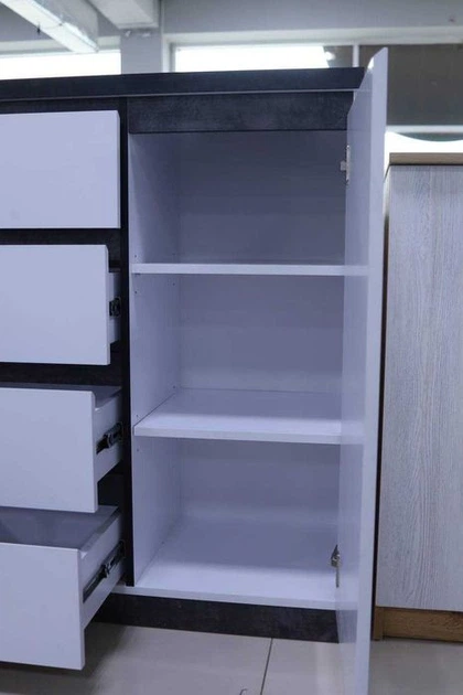 Комод в спальню гостиную детскую коридор зал Мир Мебели Мия 2D4S 120 см без ручек современный стильный под телевизор тумба с выдвижными ящиками и полками для вещей белья одежды современные комоды из дсп серый белый - изображение 7