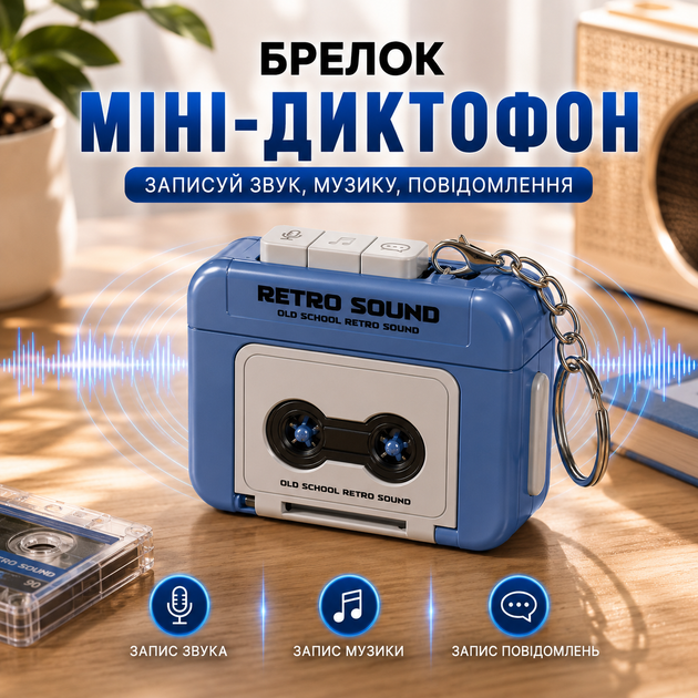 Брелок міні-диктофон синій Retro Sound запис 15 сек 5.5×4×2.5 см - Фото 1 Брелок міні-диктофон синій Retro Sound запис 15 сек 5.5×4×2.5 см - зображення 1