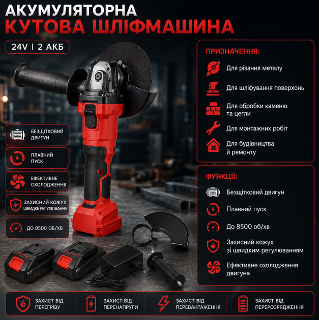 Аккумуляторная угловая шлифмашина 24V 5Ah с 2 АКБ 125 мм бесщеточный двигатель до 8500 об/мин кейс - изображение 3