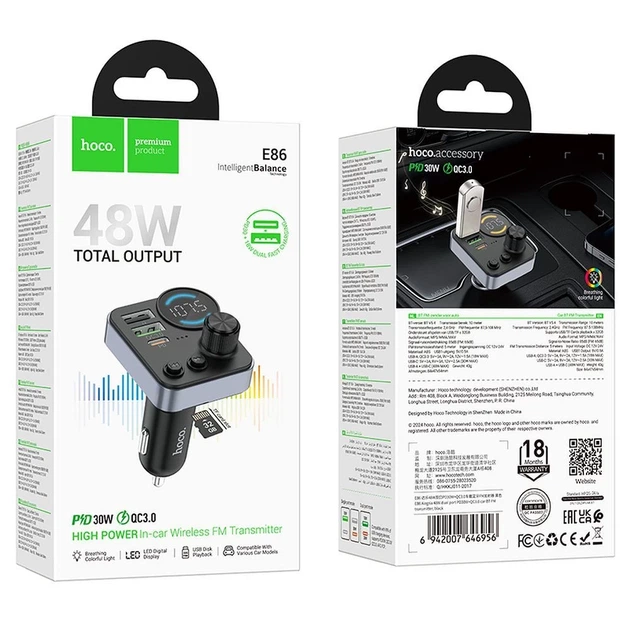 Трансмітер автомобільний Hoco E86 Bluetooth 2 x USB A + USB C QC3.0 PD 48W Black (6942007646956) - Фото 9 Трансмітер автомобільний Hoco E86 Bluetooth 2 x USB A + USB C QC3.0 PD 48W Black (6942007646956) - зображення 9