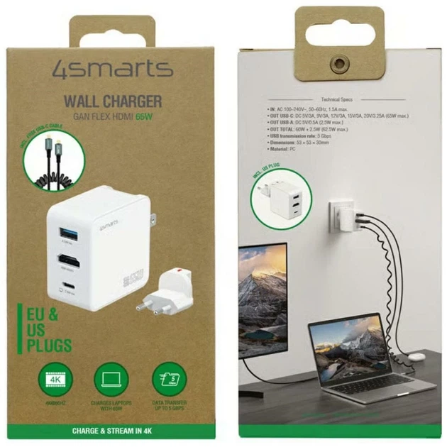 Дорожное зарядное устройство 4smarts Flex Adapter Hub 65W GaN USB-C/USB-A/HDMI White (541711) - Фото 5 Дорожное зарядное устройство 4smarts Flex Adapter Hub 65W GaN USB-C/USB-A/HDMI White (541711) - изображение 5