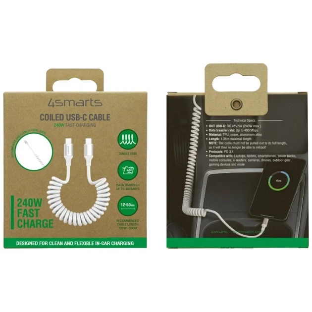 Кабель 4smarts спіральний USB-C до USB-C 240 W White (4252011912247) - зображення 7
