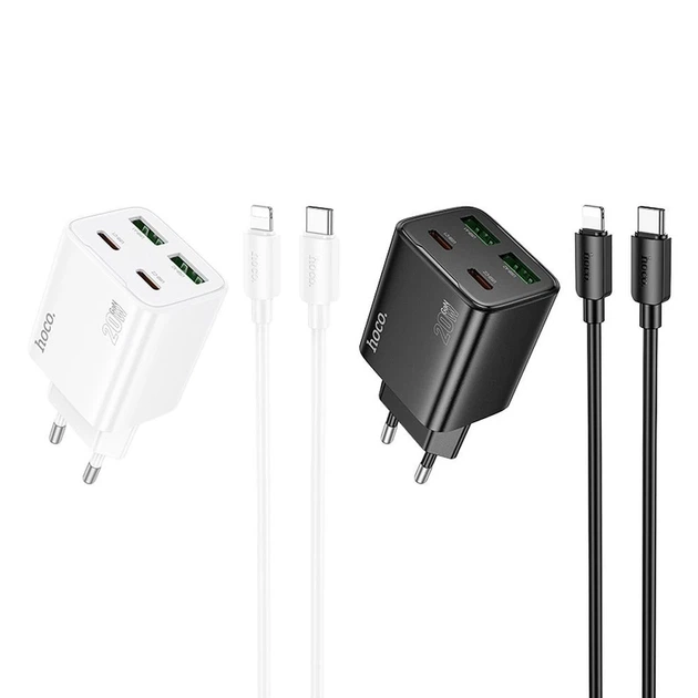Мережевий зарядний пристрій Hoco N55 2×USB-C + 2×USB-A QC3.0 PD 20W + кабель USB-C to Lightning White (6942007659253) - Фото 3 Мережевий зарядний пристрій Hoco N55 2×USB-C + 2×USB-A QC3.0 PD 20W + кабель USB-C to Lightning White (6942007659253) - зображення 3