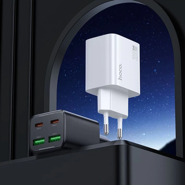 Мережевий зарядний пристрій Hoco N55 2×USB-C + 2×USB-A QC3.0 PD 20W + кабель USB-C to Lightning White (6942007659253) - Фото 4 Мережевий зарядний пристрій Hoco N55 2×USB-C + 2×USB-A QC3.0 PD 20W + кабель USB-C to Lightning White (6942007659253) - зображення 4