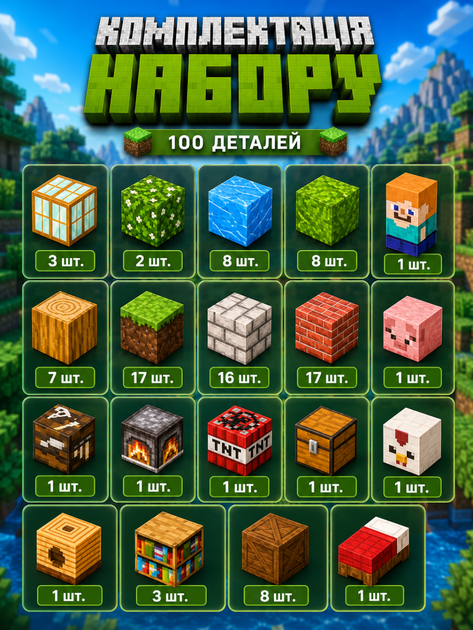 Магнітний конструктор Minecraft 100 кубиків Магнітні блоки в стилі Майнкрафт Будиночок у лісі - зображення 2