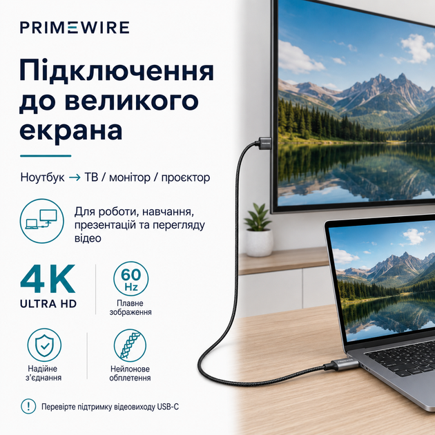 Кабель Primewire USB-C – HDMI 4K для підключення ноутбука до монітора телевізора проєктора - изображение 3