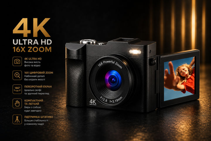 Цифрова камера 4K 50MP для відеоблогів з автофокусом поворотним екраном 180° чорна - изображение 3
