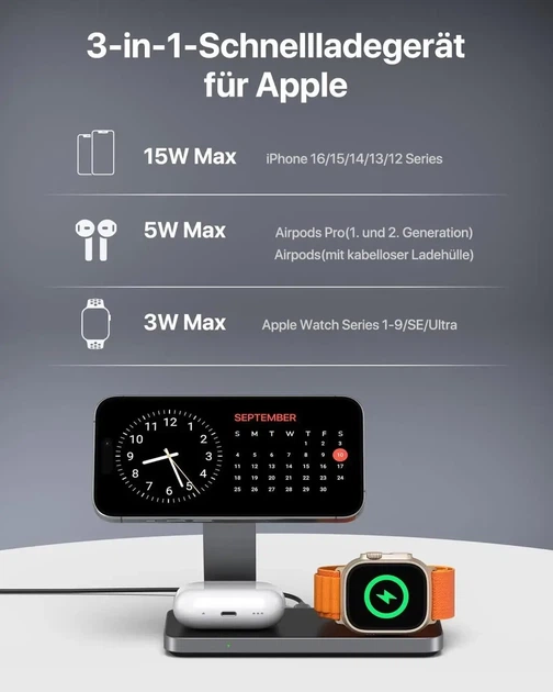 Бездротова зарядна станція QTlier T8 3в1 MagSafe 20 Вт для iPhone Apple Watch AirPods - Фото 4 Бездротова зарядна станція QTlier T8 3в1 MagSafe 20 Вт для iPhone Apple Watch AirPods - изображение 4
