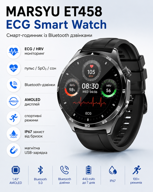 Смартгодинник MARSYU ET458 ECG Smart Watch з Bluetooth-дзвінками пульсометром SpO2 та моніторингом здоров’я - Фото 2 Смартгодинник MARSYU ET458 ECG Smart Watch з Bluetooth-дзвінками пульсометром SpO2 та моніторингом здоров’я - изображение 2