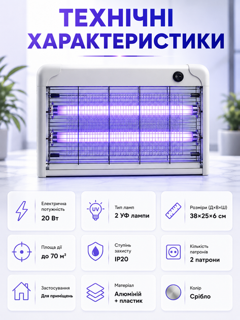 Уничтожитель насекомых 20W электрический ультрафиолетовый Lemanso, лампа от комаров, мух, мошек, антимоскитная ловушка для дома, кухни, ресторана, склада до 70 м² - изображение 5