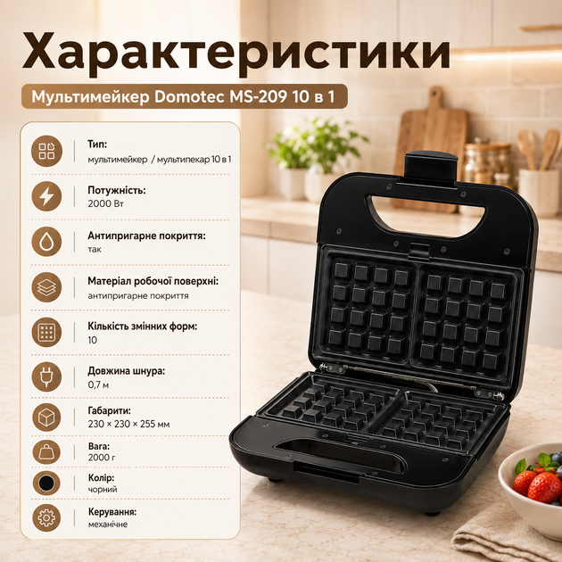 Мультимейкер Domotec MS-209 10 в 1 для приготування вафель, сендвічів, млинців і десертів, електричний мультипекар зі змінними пластинами, антипригарним покриттям, механічним керуванням, потужність 2000 Вт, чорний - зображення 5