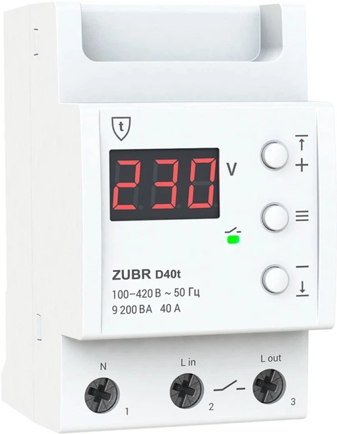 Реле напруги ZUBR D40t, 1ф, 40А, 1н.о, вольтметр, мін. напр., макс. напр, термозахист (ZUBR D40t) - Фото 1 Реле напруги ZUBR D40t, 1ф, 40А, 1н.о, вольтметр, мін. напр., макс. напр, термозахист (ZUBR D40t) - изображение 1