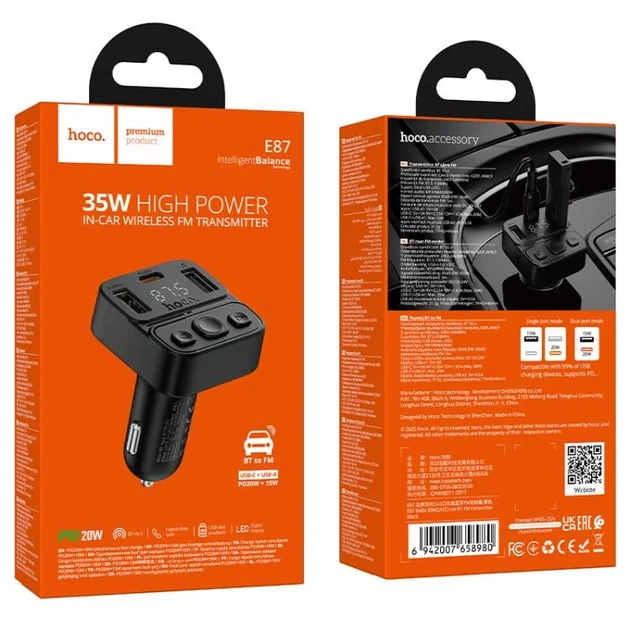 АЗП FM-модулятор HOCO E87 35W Bluetooth 5.4 Чорний - зображення 2
