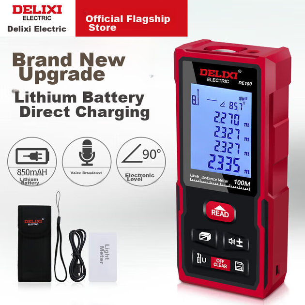 Лазерный дальномер DELIXI ELECTRIC, перезаряжаемая версия с голосовым управлением, электронный измерительный прибор для домашнего использования, электронная линейка для измерения помещений, красный свет, 100 метров. - изображение 6