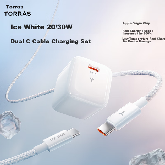 Комплект TORRAS Ice Cube Lite: зарядное устройство 30 Вт GaN и кабель, для iPhone 14 и 15 - изображение 2