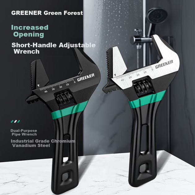 Розвідний ключ GREENER із широким ротом, розвідний ключ із короткою ручкою, спеціальний для ванної кімнати у вузькому просторі, чорнений із зубцями, 8 дюймів - зображення 10