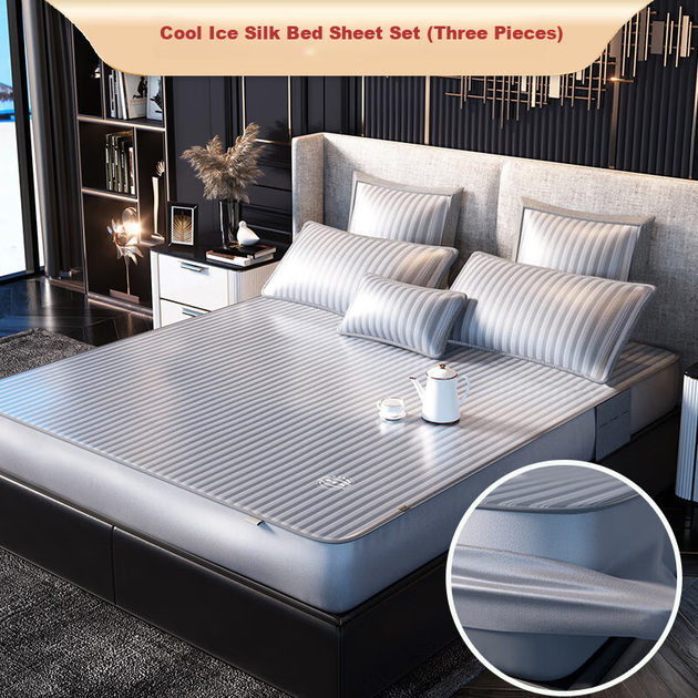 Охлаждающий коврик Huanggulin Striped A-Class Ice Silk, комплект из трех предметов, двуспальный, роскошный серый, размер 180*200 см, в виде простыни [можно стирать в машине] - изображение 8